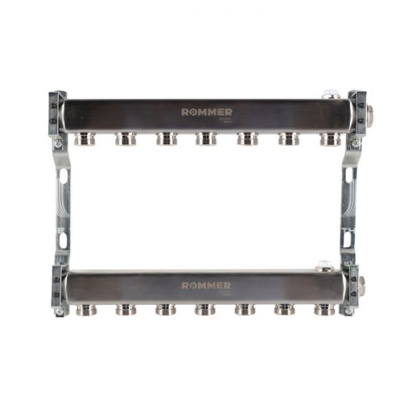 Распределительный коллектор (группа) для отопления Rommer RMS-4401-000007 ВР 1", на 7 контуров 3/4" EK, нержавеющая сталь, нерегулирующий