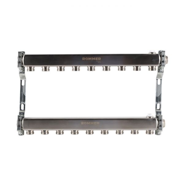 Распределительный коллектор (группа) для отопления Rommer RMS-4401-000009 ВР 1", на 9 контуров 3/4" EK, нержавеющая сталь, нерегулирующий