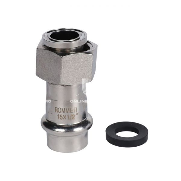 Переходник однораструбный с накидной гайкой Rommer RSS-0026-001512, 1/2"?15 мм, пресс-обжим
