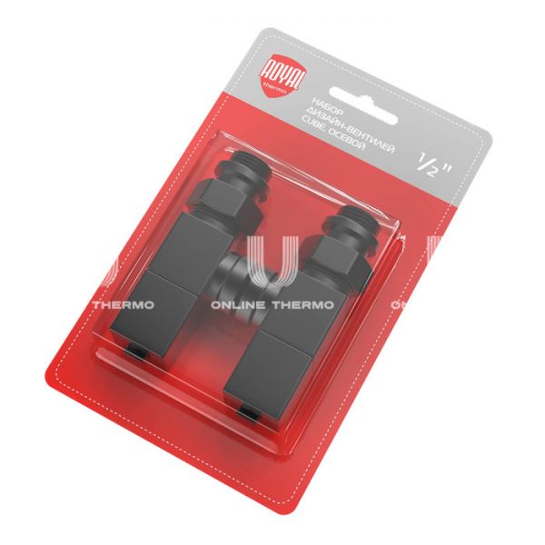 Комплект дизайнерских радиаторных осевых клапанов ручной регулировки Royal Thermo Cube RTE 56.0004 1/2" ВР-НР, черный, 2 шт.