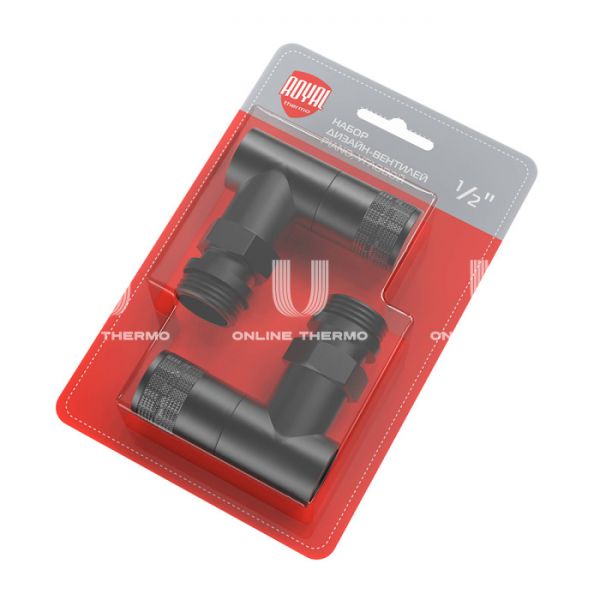 Комплект дизайнерских радиаторных угловых клапанов ручной регулировки Royal Thermo Piano RTE 56.0013 1/2" ВР-НР, с антипротечкой, черный, 2 шт.