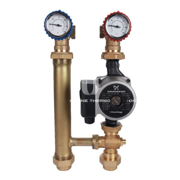 Насосная группа для твердотопливных котлов Stout SDG-0014-002502 DN 25 (1") с термосмесителем и насосом Grundfos UPSO 25-65, подача справа