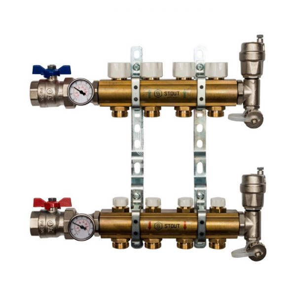 Распределительный коллектор Stout из латуни без расходомеров 4 вых.