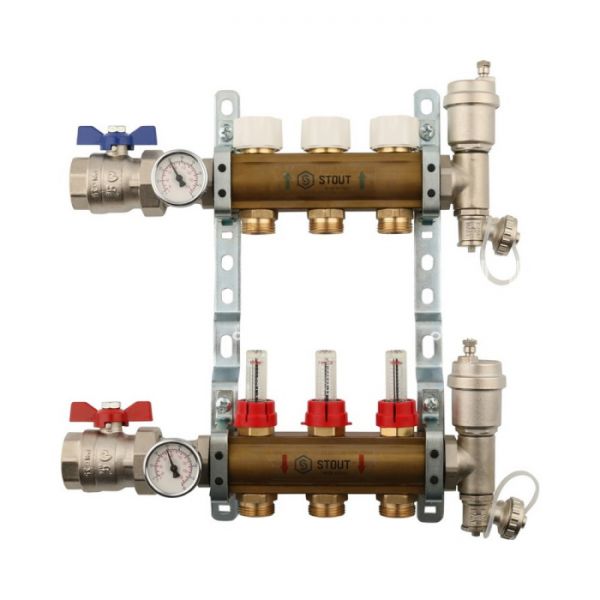 Распределительный коллектор Stout из латуни с расходомерами 3 вых.