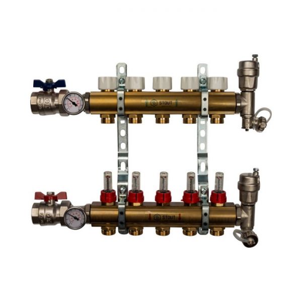 Распределительный коллектор Stout из латуни с расходомерами 5 вых.