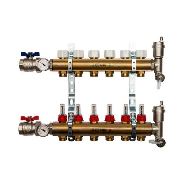 Распределительный коллектор Stout из латуни с расходомерами 6 вых.
