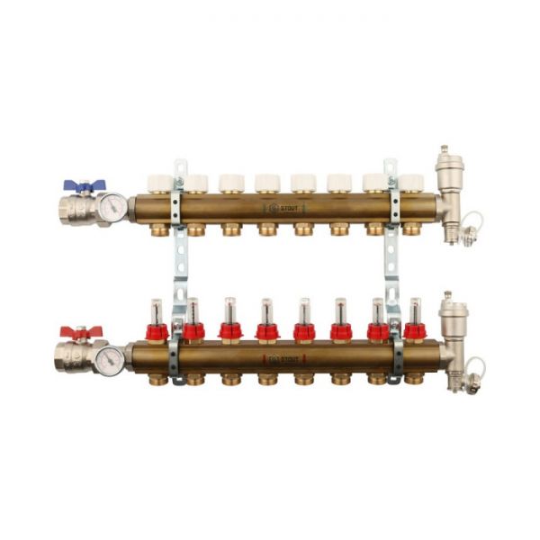 Распределительный коллектор Stout из латуни с расходомерами 8 вых.