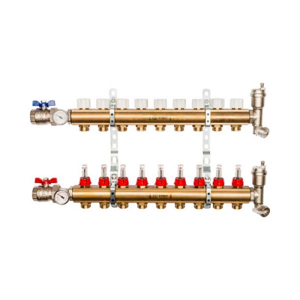 Распределительный коллектор Stout из латуни с расходомерами 9 вых.