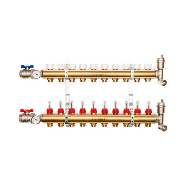 Распределительный коллектор Stout из латуни с расходомерами 10 вых.