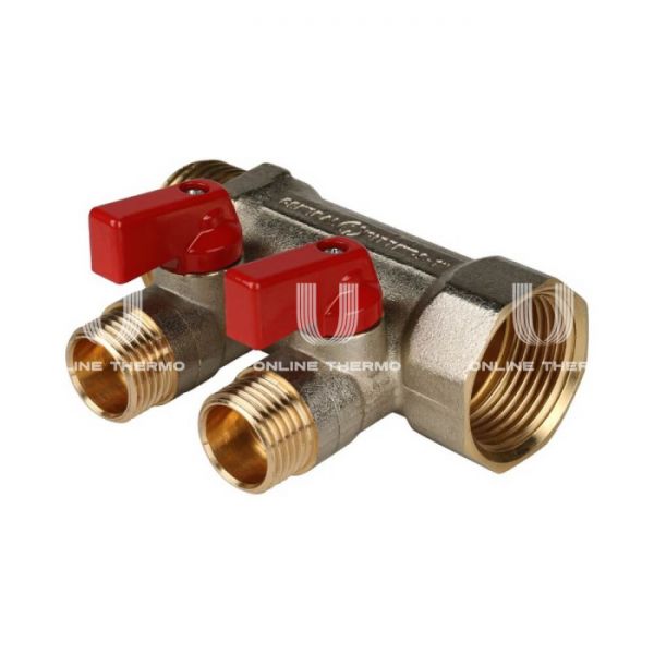 Коллектор Stout с шаровыми кранами 1", 2 отвода 1/2" (красные ручки)