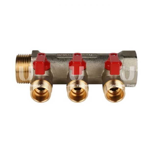 Коллектор Stout с шаровыми кранами 1", 3 отвода 1/2" (красные ручки)