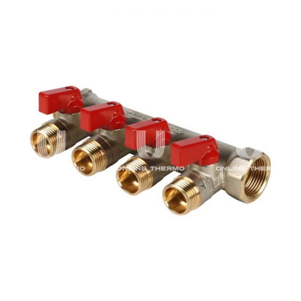 Коллектор Stout с шаровыми кранами 3/4", 4 отвода 1/2" (красные ручки)