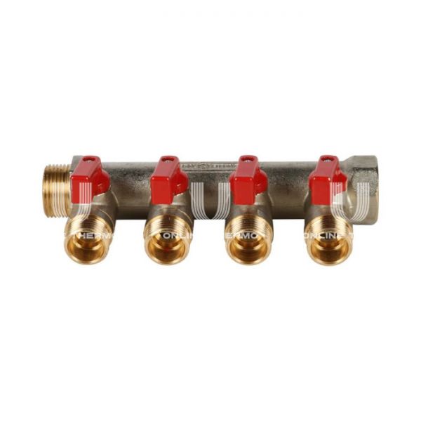 Коллектор Stout с шаровыми кранами 3/4", 4 отвода 1/2" (красные ручки)