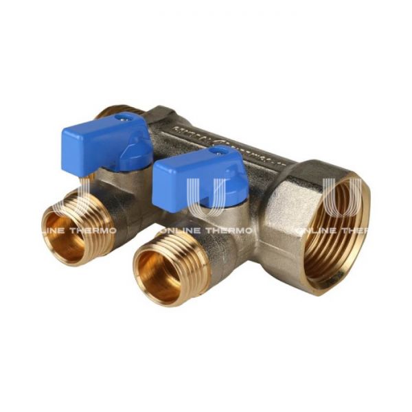 Коллектор Stout с шаровыми кранами 1", 2 отвода 1/2" (синие ручки)