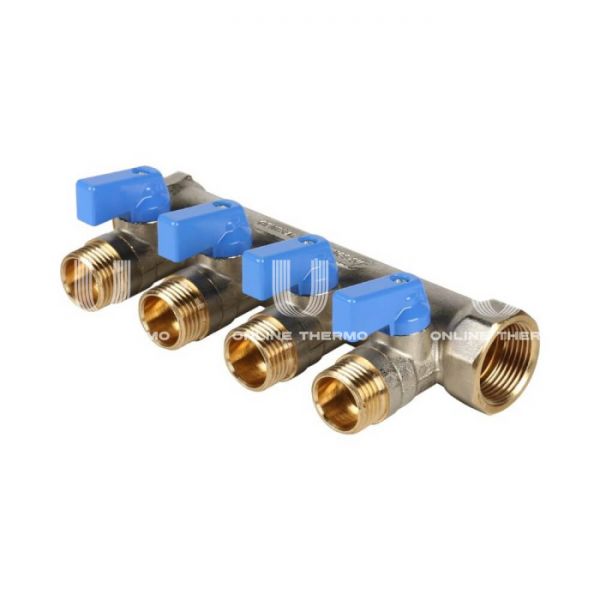 Коллектор Stout с шаровыми кранами 3/4", 4 отвода 1/2" (синие ручки)