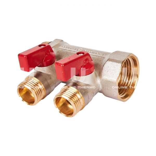 Коллектор с шаровыми кранами SMB 6210 1", 2 отвода 1/2" (красные ручки)