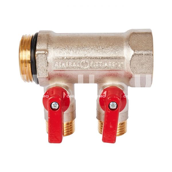 Коллектор с шаровыми кранами SMB 6210 1", 2 отвода 1/2" (красные ручки)