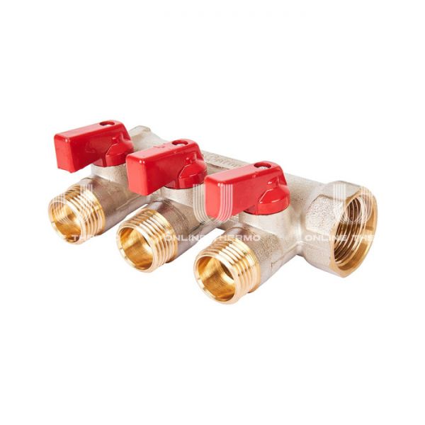 Коллектор Stout с шаровыми кранами SMB 6210 3/4", 3 отвода 1/2" (красные ручки)