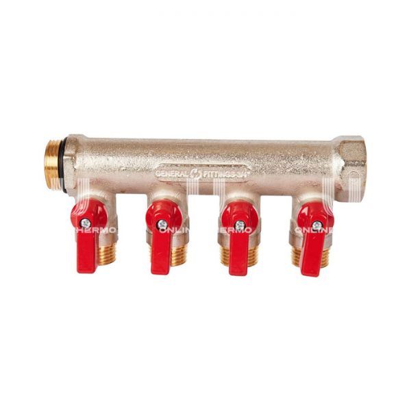 Коллектор Stout с шаровыми кранами SMB 6210 3/4", 4 отвода 1/2" (красные ручки)