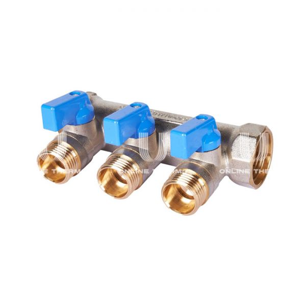 Коллектор Stout с шаровыми кранами SMB 6211 3/4", 3 отвода 1/2" (синие ручки)