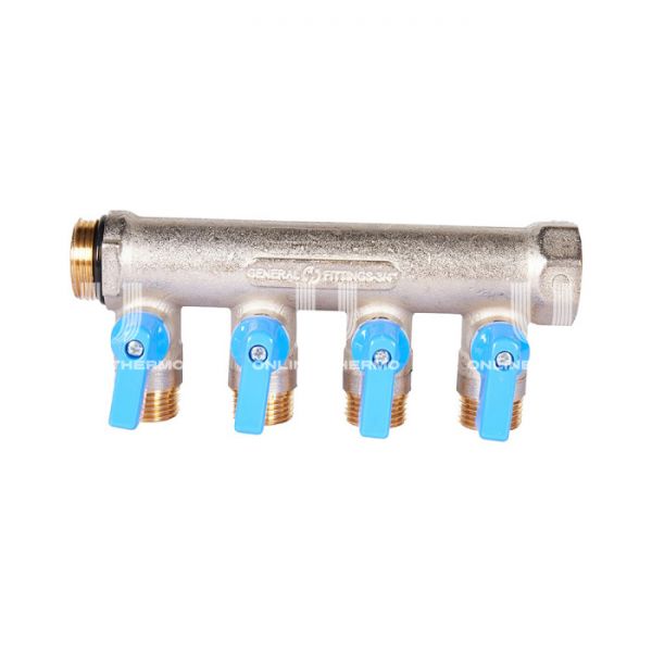 Коллектор Stout с шаровыми кранами SMB 6211 3/4", 4 отвода 1/2" (синие ручки)