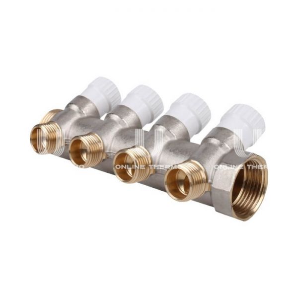 Коллектор распределительный с запорными клапанами Stout 1", 4 отвода 1/2"