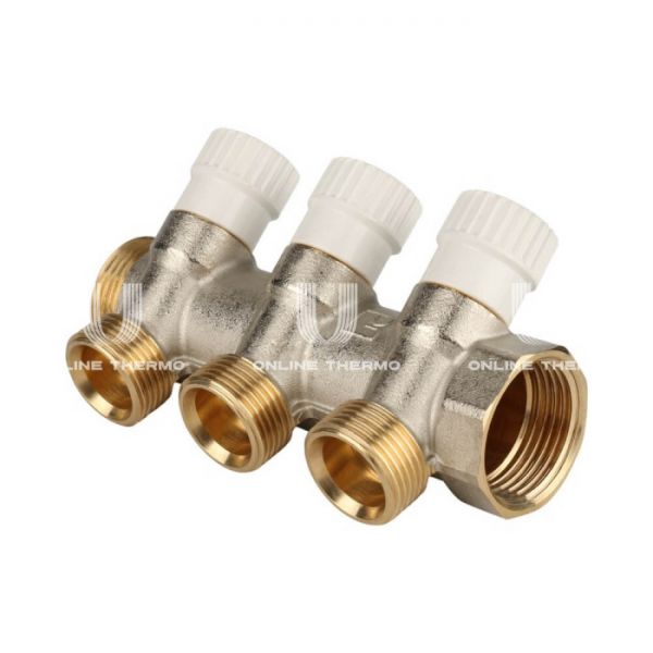 Коллектор распределительный с запорными клапанами Stout 1", 3 отвода 3/4"ЕК