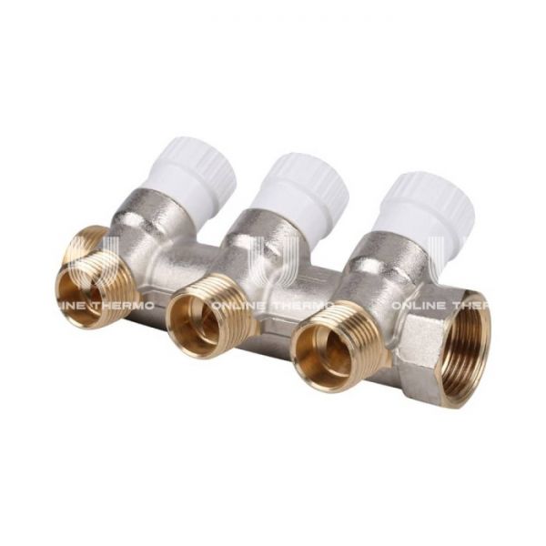 Коллектор распределительный с запорными клапанами Stout 3/4", 3 отвода 1/2"