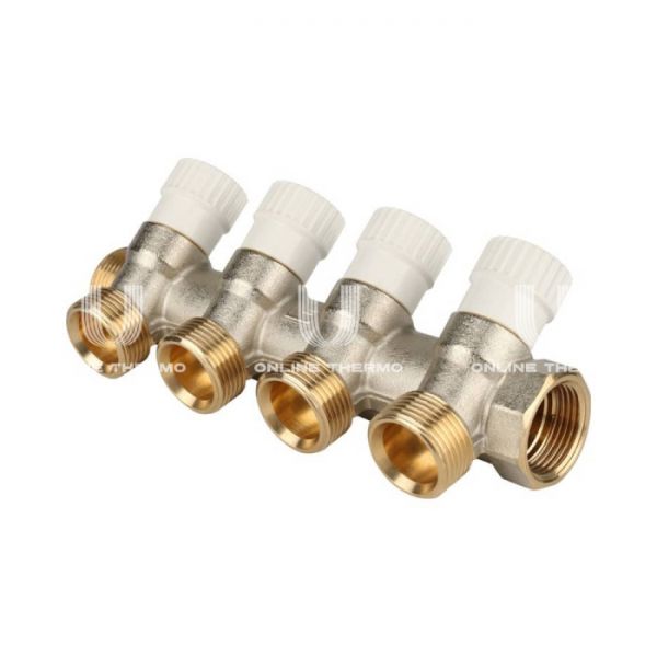 Коллектор распределительный с запорными клапанами Stout 3/4", 4 отвода 3/4"ЕК