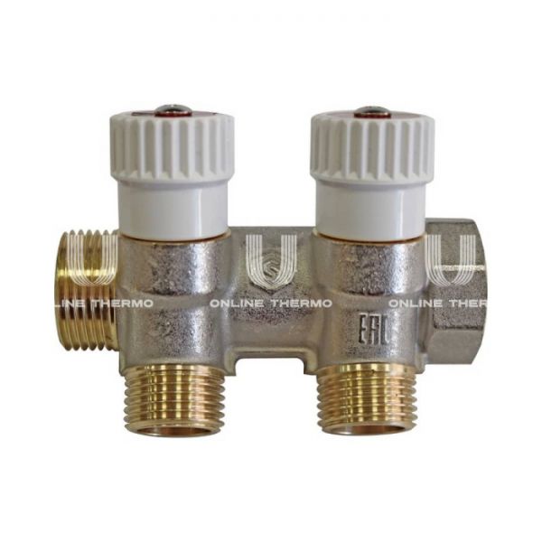 Коллектор распределительный с запорными клапанами Stout 3/4", 2 отвода 1/2" плоское уплотнение