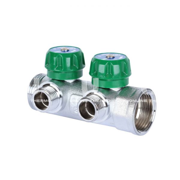 Регулирующий проходной коллектор Stout SMB 6849 011202 1" ВР-НР, на 2 контура 1/2", модульный, плоское уплотнение