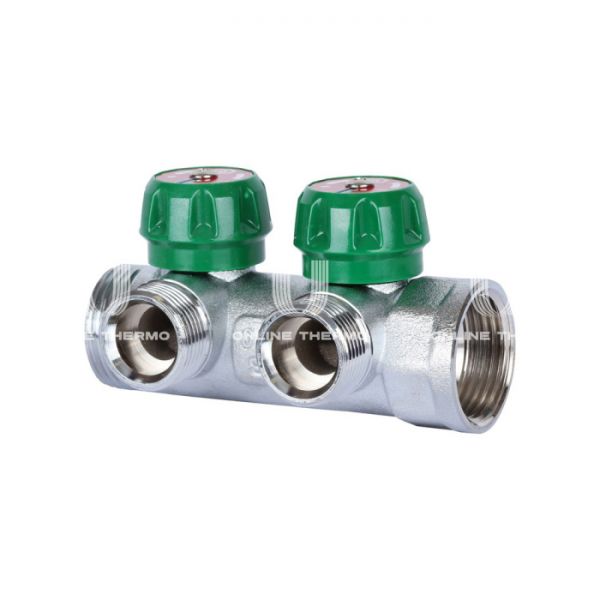 Регулирующий проходной коллектор Stout SMB-6850-013402, ВР-НР 1", на 2 контура 3/4" EK, модульный, евроконус, хромированный