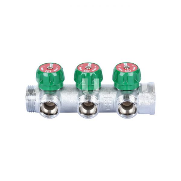 Регулирующий проходной коллектор Stout SMB-6850-013403, ВР-НР 1", на 3 контура 3/4" EK, модульный, евроконус, хромированный