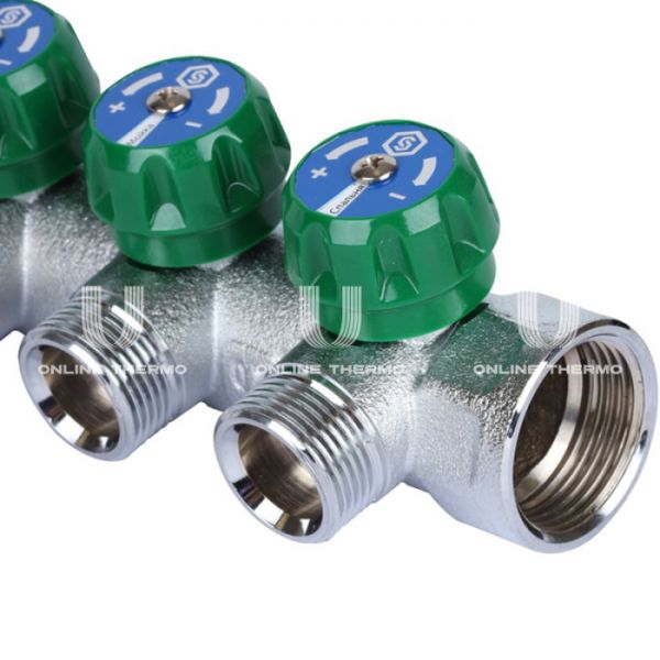 Регулирующий проходной коллектор Stout SMB-6850-013404, ВР-НР 1", на 4 контура 3/4" EK, модульный, евроконус, хромированный