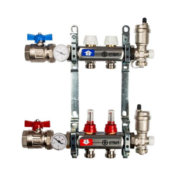Коллектор Stout из нержавеющей стали в сборе с расходомерами 2 вых.