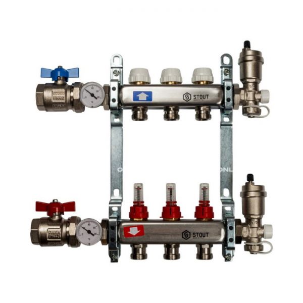 Коллектор Stout из нержавеющей стали в сборе с расходомерами 3 вых.