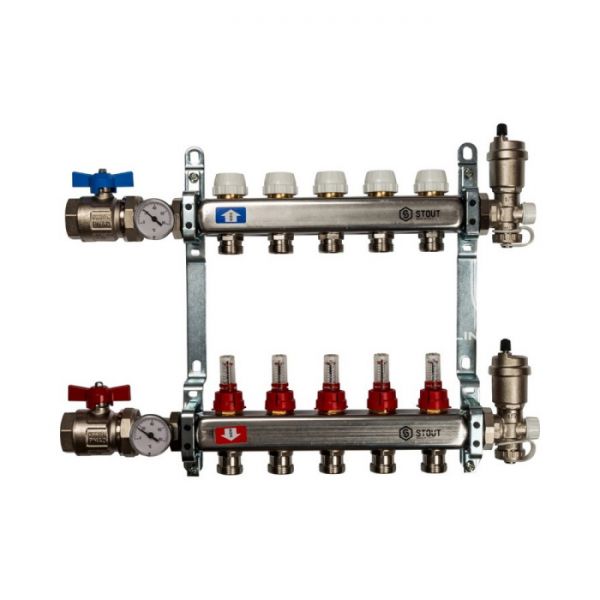 Коллектор Stout из нержавеющей стали в сборе с расходомерами 5 вых.