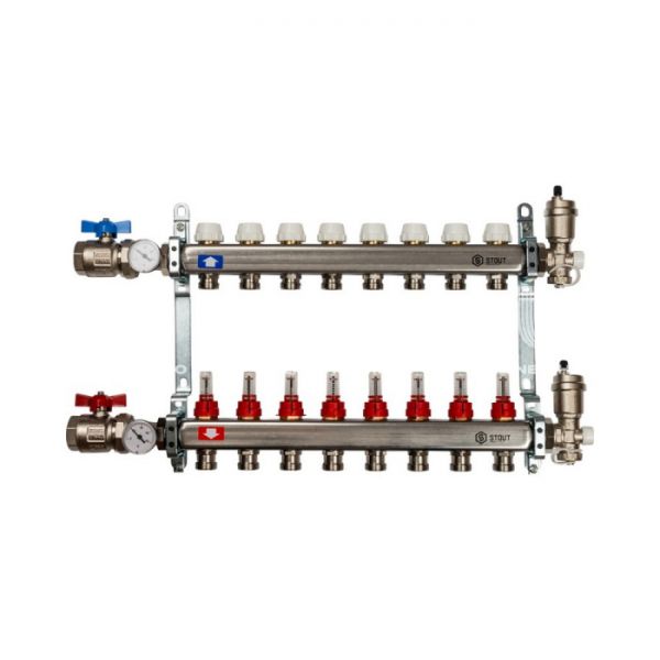 Коллектор Stout из нержавеющей стали в сборе с расходомерами 8 вых.