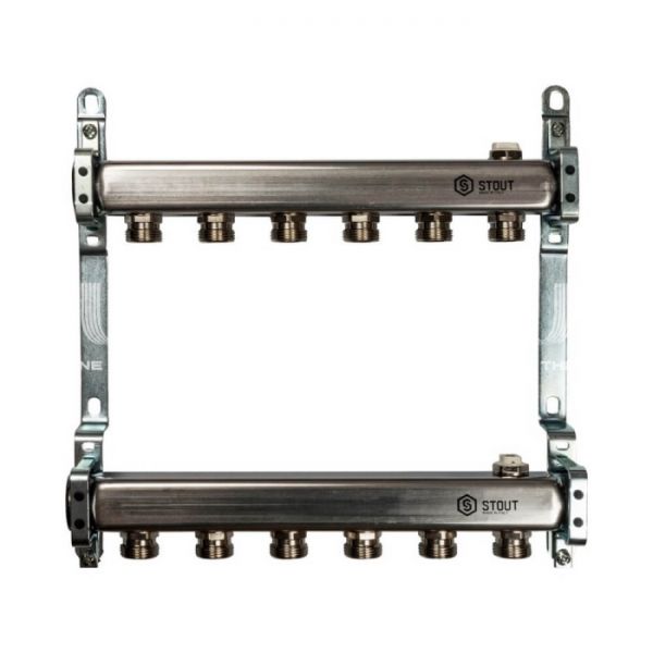 Коллектор Stout из нержавеющей стали для радиаторной разводки 6 вых.