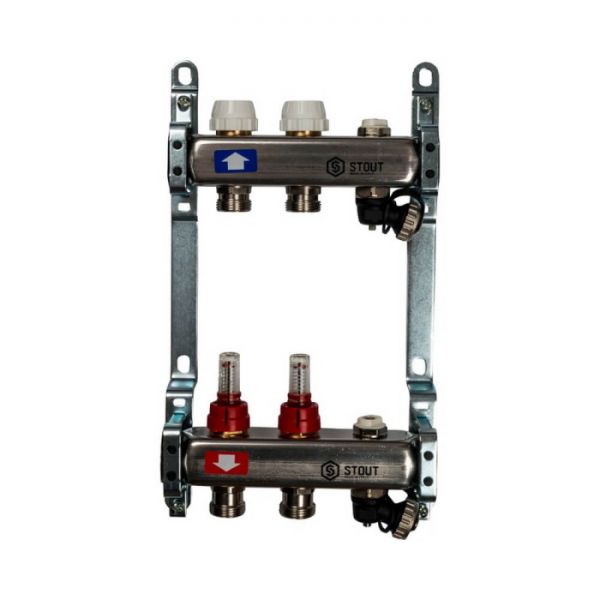 Коллектор Stout из нержавеющей стали с расходомерами, с воздухоотв. и сливом 2 вых.
