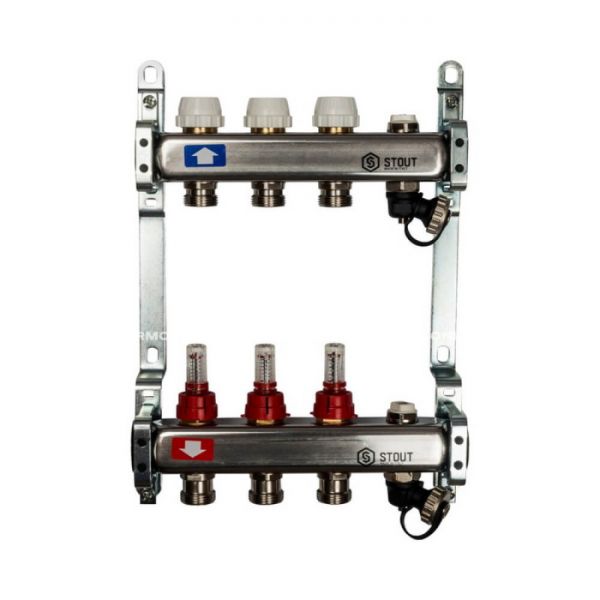 Коллектор Stout из нержавеющей стали с расходомерами, с воздухоотв. и сливом 3 вых.