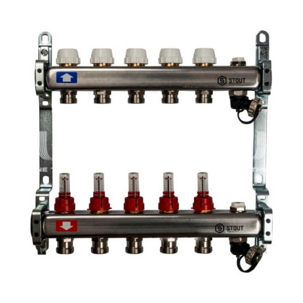 Коллектор Stout из нержавеющей стали с расходомерами, с воздухоотв. и сливом 5 вых.