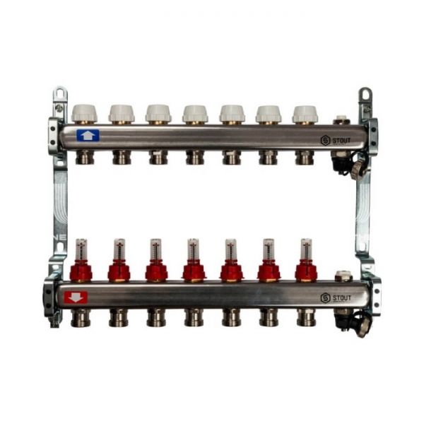 Коллектор Stout из нержавеющей стали с расходомерами, с воздухоотв. и сливом 7 вых.