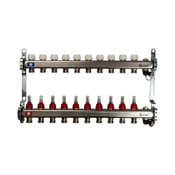 Коллектор Stout из нержавеющей стали с расходомерами, с воздухоотв. и сливом 10 вых.