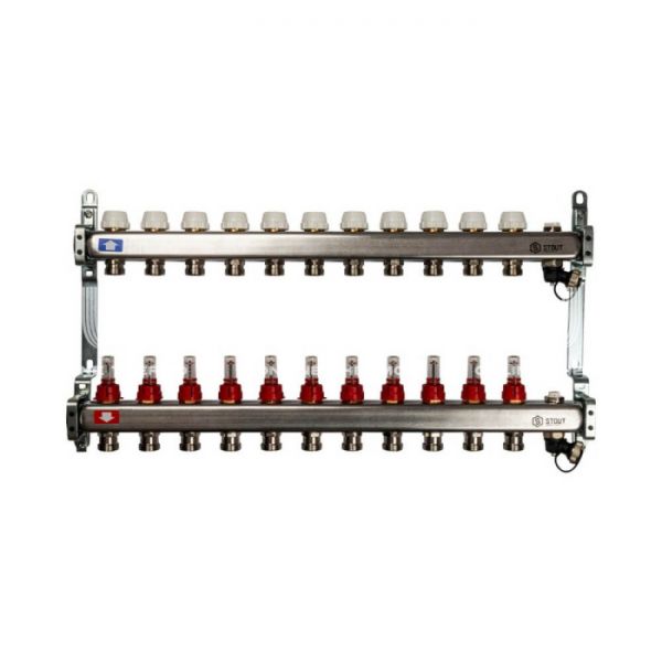 Коллектор Stout из нержавеющей стали с расходомерами, с воздухоотв. и сливом 11 вых.
