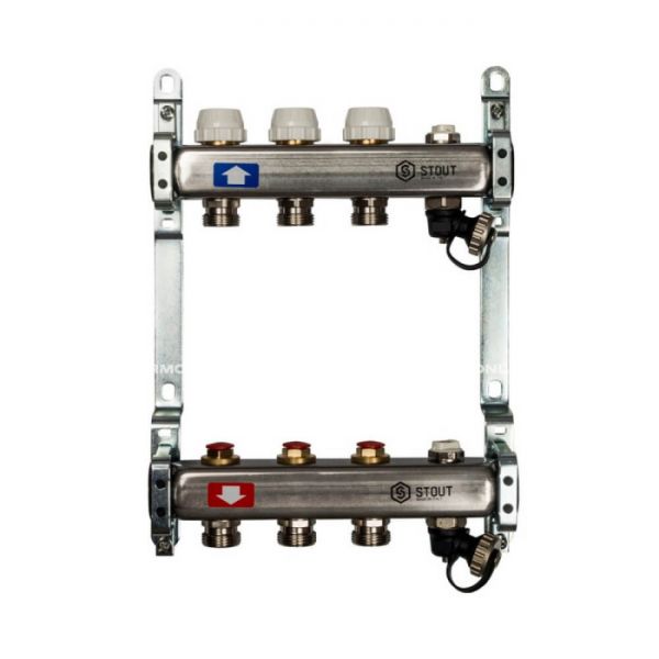 Коллектор Stout из нержавеющей стали без расходомеров, с воздухоотв. и сливом 3 вых.