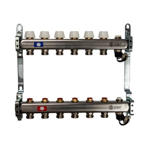 Коллектор Stout из нержавеющей стали без расходомеров, с воздухоотв. и сливом 6 вых.