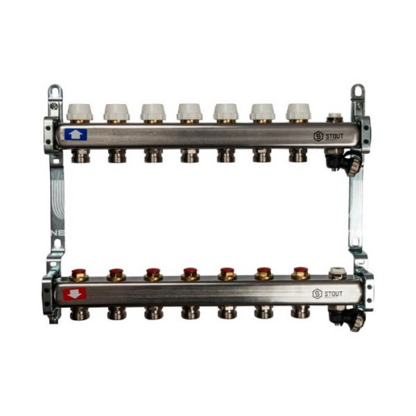Коллектор Stout из нержавеющей стали без расходомеров, с воздухоотв. и сливом 7 вых.