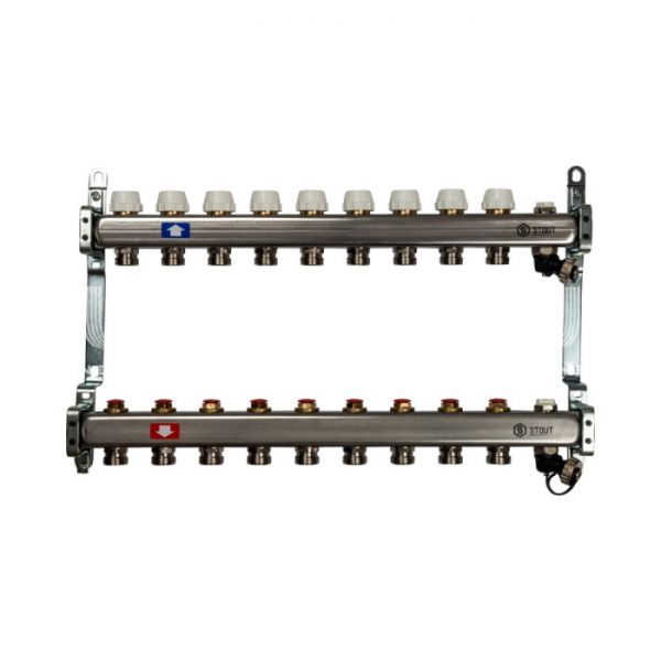 Коллектор Stout из нержавеющей стали без расходомеров, с воздухоотв. и сливом 9 вых.