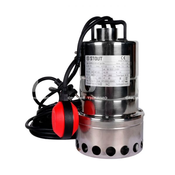 Насос дренажный Stout с поплавком, корпус и рабочее колесо из нержавеющей стали
